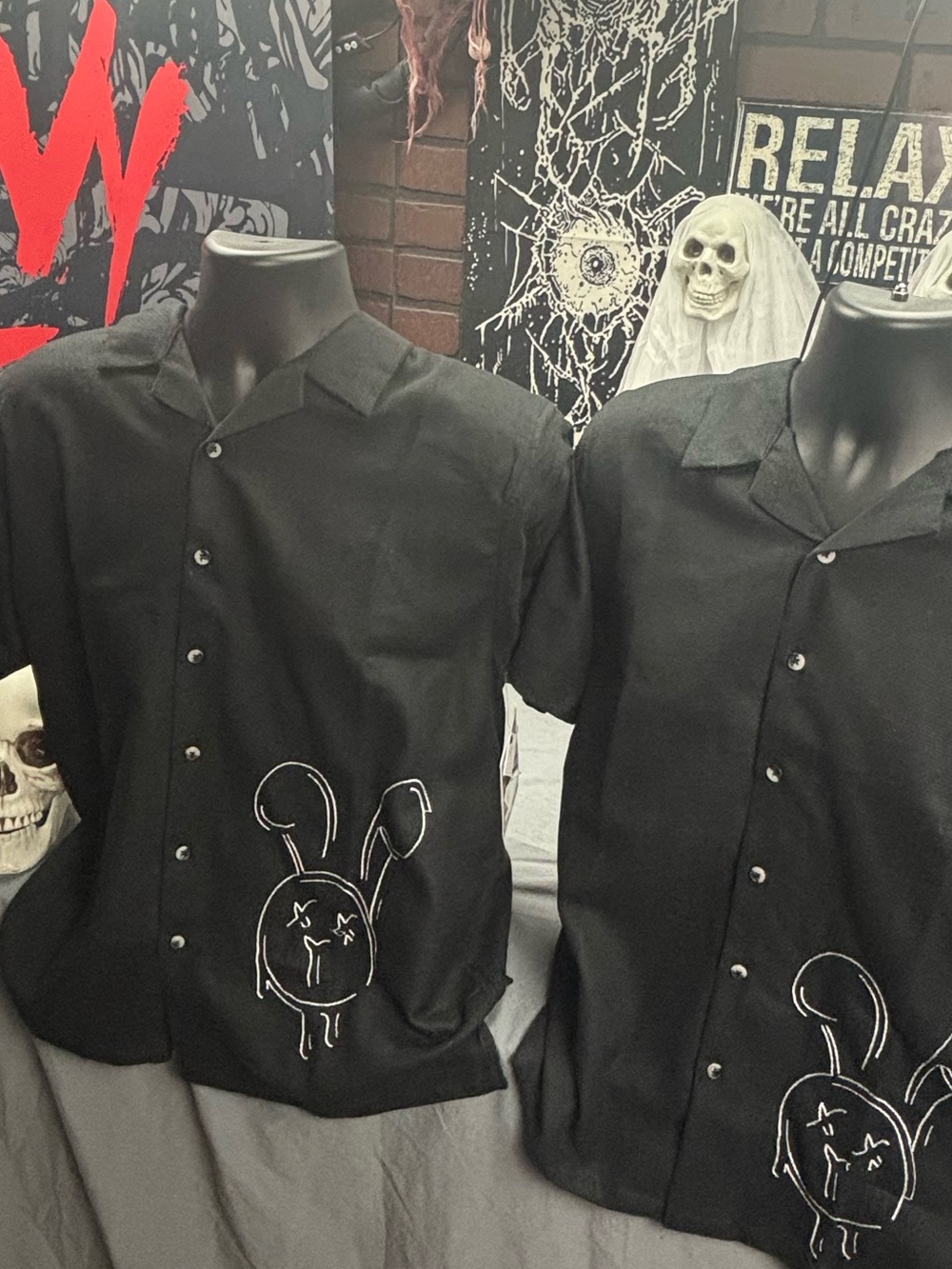 Men's Black Short-Sleeve Button-Up Polo with White Bunny Graphic